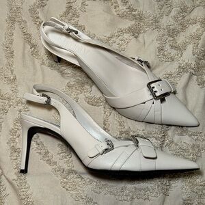 DKNY Pointed-Toe Slingback Heels with Buckle Detail in Taupe (Womens 10)